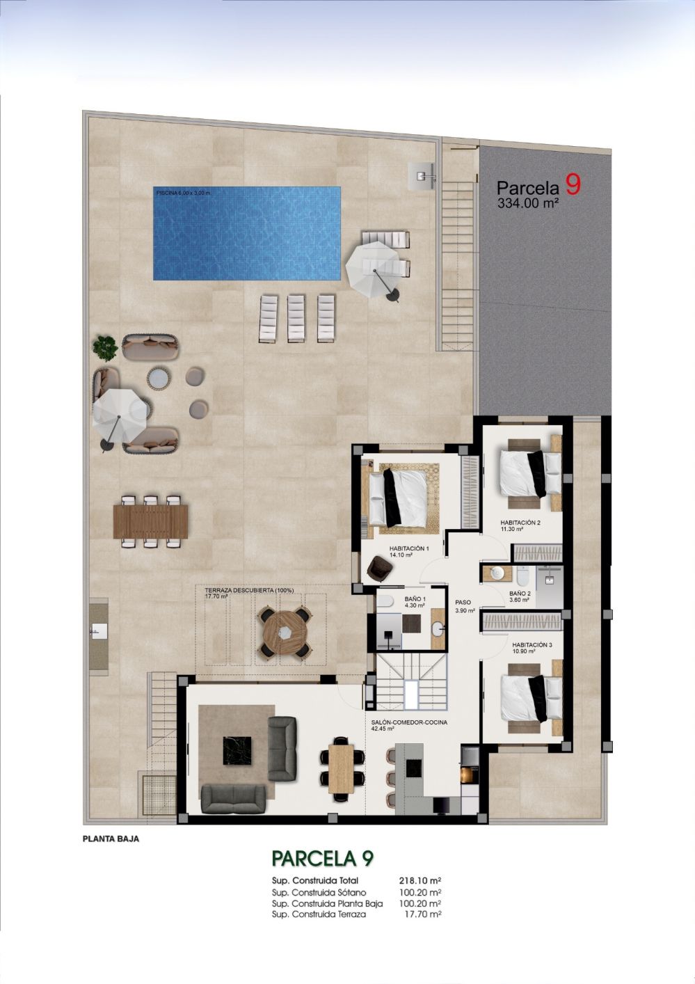 Upper or additional floor plan of new-build 3-bedroom villa in Benijofar, Alicante
