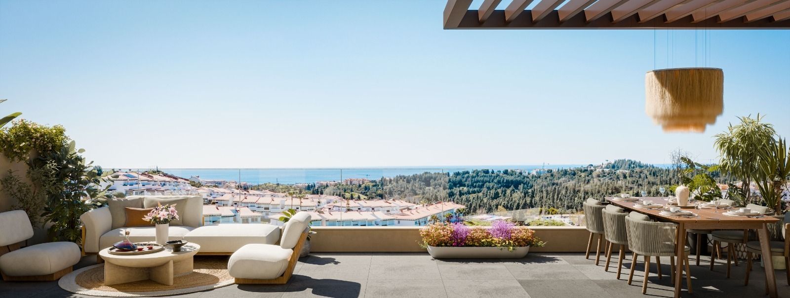 Open-plan living and dining area in 2-bedroom new-build penthouse, Hipódromo-Cerrado del Águila, Mijas