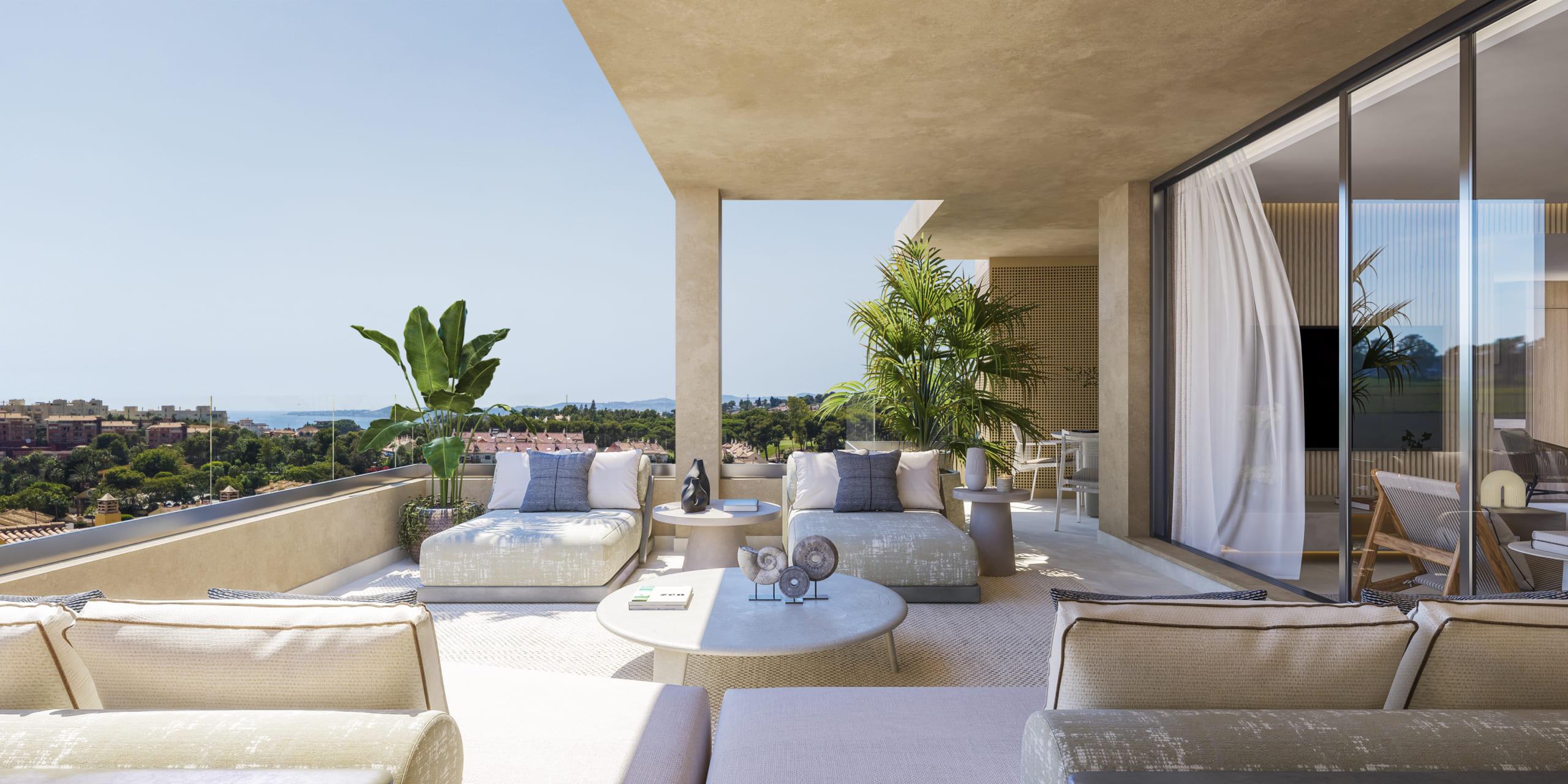 Communal pool and landscaped grounds of new-build development, Cortijo Torrequebrada